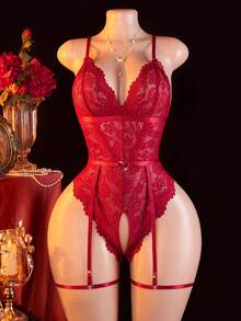 New Sexy Lingerie Set For Women, Triangle Cup Adjustable Criss-Cross Strap Single-Row Snap Backless Bodysuit, Semi-Sheer Lace Crotchless Bodystocking With Adjustable Waist Belt And Leg Garters - Burgundy - View 11