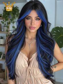 26英寸蓝黑渐变色假发，带刘海，卷发，哑光高温丝材质，佩戴舒适，新手友好，适合约会、聚会、日常通勤，含假发帽，合成纤维假发 - 彩色 - 查看 1