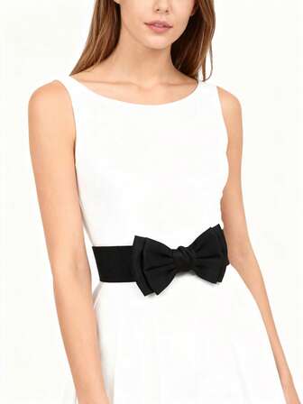 1条黑色宽弹力蝴蝶结腰带，适合日常通勤连衣裙、西装、休闲宽松服装，简约优雅的腰部配饰。