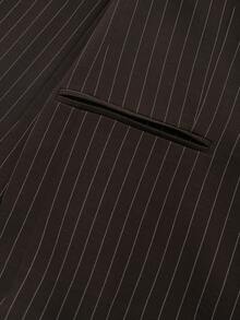 بليزر كاجوال فضفاض مخطط بني مزدوج الصدر بياقة صدر طويلة الأكمام للنساء - بني - مشاهدة 4