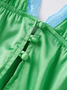 Women's Pajama Sets Lace Patchwork Spaghetti Strap Ruffled Cami Tops With Loose Pants 2Pcs Soft Sleepwear - Green - View 4