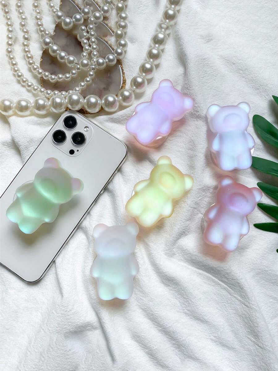 1个可爱3D彩色磨砂小熊造型手机支架，带可折叠指环和弹性指套，兼容所有手机/平板电脑，包括和安卓手机，生日礼物，送给家人、朋友的礼物，生日推拉式手机支架，手机配件 - 彩色 - 查看 1