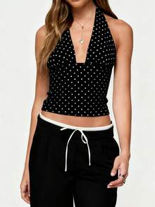Women's Polka Dots Print Halter Tops Sleeveless Tie Back Crop Top Fashionable Going Out Backless Deep V Neck Summer Top Y2k Party Club Tank Tops - màu đen - Xem 1