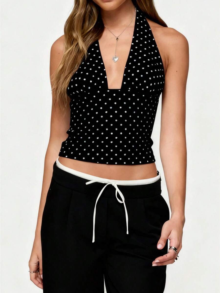 Women's Polka Dots Print Halter Tops Sleeveless Tie Back Crop Top Fashionable Going Out Backless Deep V Neck Summer Top Y2k Party Club Tank Tops - màu đen - Xem 1