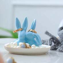 Adorable Bunny Ring Holder Jewelry Tower Ceramic Dish Plate Jewel Display Organizer Trinket Tray, Lovely Rabbit (Blue),Blue - Blue - 查看 3