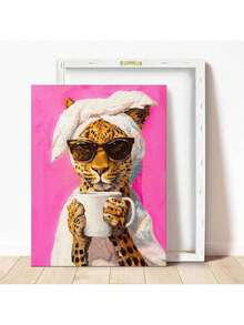 1 pieza Póster de lienzo, con marco de madera sólida, arte de pared imprimible, pintura de aceite minimalista de un leopardo bebiendo café, comedor de dopamina, póster colorido y elegante de cocina, póster de mañana vívida - Multicolor - Ver 17