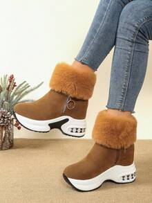 Ghete de damă, vârf rotund cu fermoar lateral, talpă groasă și confortabilă, căptușeală termică călduroasă, stil casual/sportiv, ghete simple de navetă, ghete negre la modă