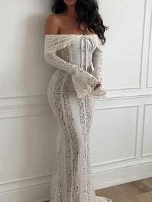 فستان أنيق عتيق رومانسي وجذاب، فستان مرصع بالدانتيل عالي الجودة بأكتاف مكشوفة وأكمام واسعة مفلفلة وقصة مرمر، مناسب للمناسبات الرسمية والحفلات والزفاف