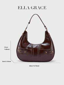 ELLA GRACE- Vintage Brown Crescent Shoulder Bag For Women, PU Leather Biker Style Hobo Purse With Metal Buckle, Retro Work Tote, Gift For Her