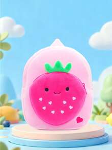 1pc Girls Cute Pink Strawberry Plush Backpack Suitable For Daily Use - Pink - View 1