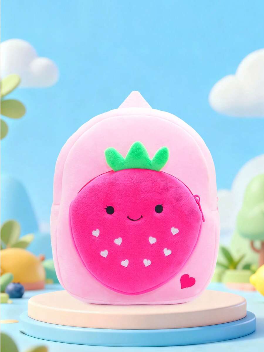 1pc Girls Cute Pink Strawberry Plush Backpack Suitable For Daily Use - Pink - View 1