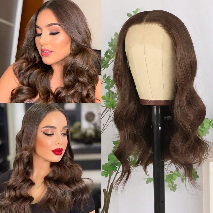 Glueless 13X4 Platinum Blonde Short Wave Lace Front Wig Pre Plucked Hairline Soft Bob Wavy Wigs 14 Inch Heat Resistant Ombre Blonde Colored Bob Wavy Synthetic Hair Replacement Wigs Breathable HD Lace 180% Density Wear And Go Wigs For Women Girls Daily & Party Use - 咖啡棕 - 查看 1