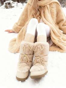 Knee High Boots For Women,Fuzzy Flat Round Toe Rhinestone Lace-Up Slip On Warm Shoes Winter Outdoor Party Chirstmas And Halloween Snow Boots - Màu be - Xem 3