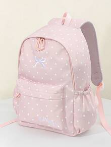 1 PC Pink Dot Embroidered Bow Backpack Travel Versatile Cute Style,Multifunctional And Large Capacity Fashionable And Casual Large Capacity Portable Zipper School Bags,Travel Storage Stationery Storage,Vacation Essentials Satchel, Suitable For Earphones, Chargers, Lipstick, Cosmetics, Perfume, Skin Care And Beauty Products, Nurses, Students, Keys, Holiday Gifts - 粉色 - 查看 1