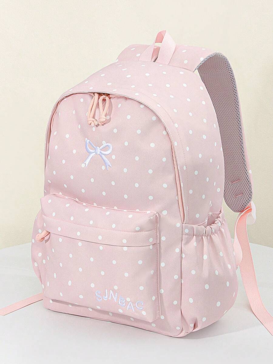 1 PC Pink Dot Embroidered Bow Backpack Travel Versatile Cute Style,Multifunctional And Large Capacity Fashionable And Casual Large Capacity Portable Zipper School Bags,Travel Storage Stationery Storage,Vacation Essentials Satchel, Suitable For Earphones, Chargers, Lipstick, Cosmetics, Perfume, Skin Care And Beauty Products, Nurses, Students, Keys, Holiday Gifts - 粉色 - 查看 1