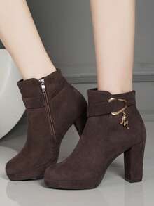 1 Pair Women's Fashion Side Zipper Thick Heel Waterproof Short Boots, Suitable For Vacation, Party, Wedding, Home, Outdoor, Autumn/Winter, Decorated With Exquisite Metal Strap, Rubber Sole, Anti-Slip