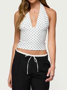 Women's Polka Dots Print Halter Tops Sleeveless Tie Back Crop Top Fashionable Going Out Backless Deep V Neck Summer Top Y2k Party Club Tank Tops - 白色 - 查看 1