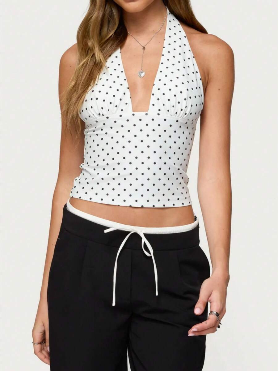 Women's Polka Dots Print Halter Tops Sleeveless Tie Back Crop Top Fashionable Going Out Backless Deep V Neck Summer Top Y2k Party Club Tank Tops - 白色 - 查看 1