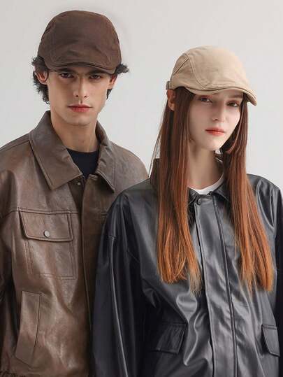 纯色双面报童帽，男女休闲贝雷帽