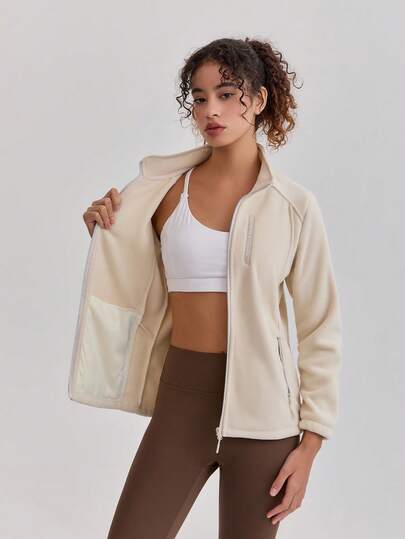 Women's Outdoor Fleece Jacket, Thick Warm Breathable Front-Zip Stand Collar Sweatshirt, Fit For Hiking & Sports, Spring & Autumn,Winter,Skiing