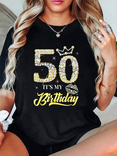 100% Cotton It's My 50th Birthday Diamond Shoes 50 Years Old Women T-Shirt Graphic T-Shirts For Men And Women, Casual Printed Short-Sleeved Women's Tops, Women's Clothing