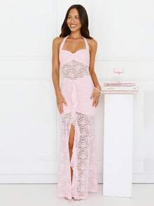 Vestido de encaje elegante y sexy con corbata al cuello, vestido de fiesta, vestido de novia de encaje - Rosa - Ver 5