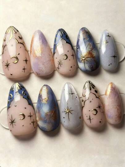 24片中号杏仁形法式美甲贴纸，3D金色星月图案，闪亮星空效果，波西米亚风亚克力假指甲，杏仁形自粘美甲贴，适合女性
