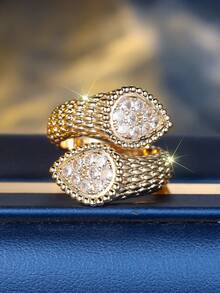 1pc Creative Double Water Drop Shaped White Cubic Zirconia Gold Plated Ring, Suitable For Daily Wear, Valentine's Day, Party, Banquet, All Seasons - Yellow Gold - View 3