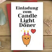 1 张创意烛光晚餐邀请卡，印有德语短语“烛光晚餐”和一个微笑的土豆卡通形象 - 非常适合浪漫约会之夜、美食主题派对，并附有德语短语示例。尺寸：12x17厘米/4.72x6.7英寸。 - 彩色 - 查看 5