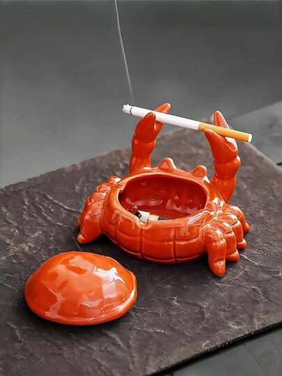 1 pieza Cenicero con forma de cangrejo con tapa - a prueba de moscas, adecuado para la decoración de la oficina del hogar y suministros para mascotas, diseño asimétrico, sin necesidad de electricidad