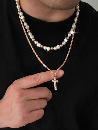 2pcs Vintage Glamorous Crystal & Faux Pearl Necklace, Men's Personality Charm Cross Pendant Necklace, Suitable For Daily, Party, Couples, Gifts For Holidays, Birthday, Father's Day, New Year, Valentine's Day