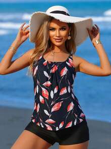 Women's Casual Scoop Neck Tankini With Ruched Bust And Leaf Print Backless Top And Shorts For Elegant Swimwear - Black - View 1