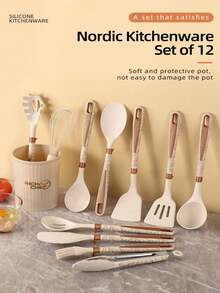 Set da 12 pezzi di utensili da cucina in silicone, comprende cucchiai per minestra, padelle e palette. Le palette in silicone hanno manici con disegno a diamante e sono resistenti alle alte temperature. - Stesso stile, più colori - Visualizzare 12