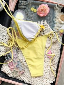 Bộ bikini màu vàng trơn quyến rũ, thanh lịch - Họa tiết hoa 3D, 2 mảnh, thích hợp cho kỳ nghỉ hè ở bãi biển. - Màu vàng - Xem 6