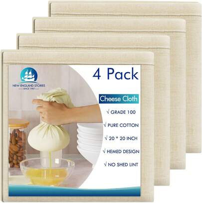 4 PCS Reusable Cheesecloth, Grade 100, 20x20 Inch Hemmed Cheese Cloth For Straining Craft, 100% Cotton Unbleached Muin Cloth Strainer For Cooking, Baking, Juicing, Cheese Making