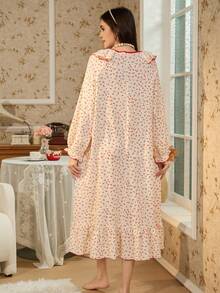 RS Pajama1 Lace Lace Crew Neck Long Sleeves Contrast Lace Romantic Elegant Cherry Print Nightgown, Moo Moo Night Dress - Red and White - View 2