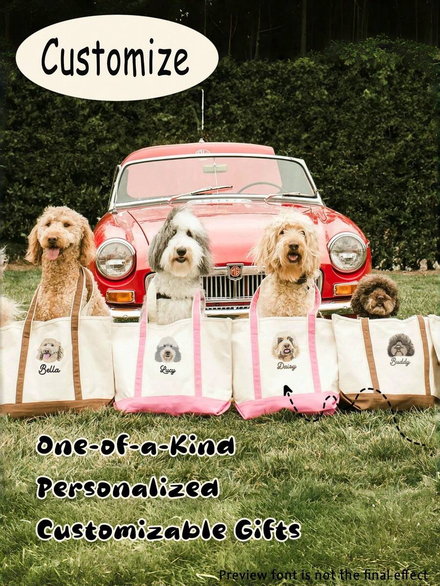 定制狗狗妈妈手提袋 - 可印制宠物肖像和名字的帆布袋，定制狗狗妈妈手提袋，定制狗狗手提袋，宠物肖像袋，个性化宠物礼物，爱狗人士礼物，宠物主人手提袋，动物爱好者手提袋，定制帆布袋，送给狗狗妈妈的礼物，送给宠物爸爸的礼物，个性化宠物名字手提袋 - 彩色 - 查看 1