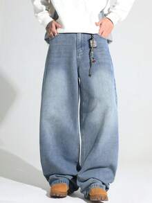 复古水洗宽松休闲弹力腰带裤，适合青少年男孩 - 淺色水洗藍 - 查看 6