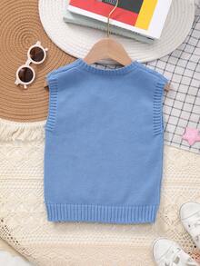 Boys' Collegiate Style Solid Color Cable Knit Sweater Vest - Blue - View 7