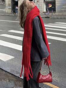 1pc Women New Fluffy Tassel Scarf, Warm & Comfortable Shawl, Windproof & Warm For Outdoor, Versatile For Daily Wear, Autumn/Winter For Dress - HM05-wine Red - View 1