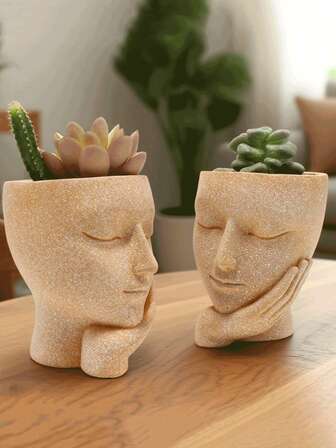 1 pieza Maceta decorativa de resina con cara creativa, maceta para plantas suculentas, estatua de escritorio para almacenamiento de macetas de flores