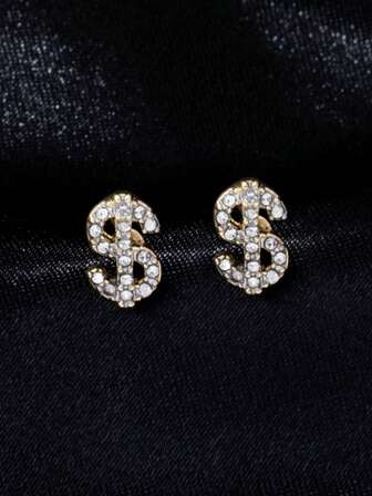 1 Pair Casual Everyday Style Coin Element Dollar Sign Rhinestone Stud Earrings, Suitable For Men's Daily Wear