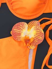 Fashionable Sexy Bright Orange Bikini 2 Pieces Set - Triangle Top + Ombre 3D Floral Print Swim Bottoms | Tropical Beach Holiday Swimwear Vacation - Orange - View 5