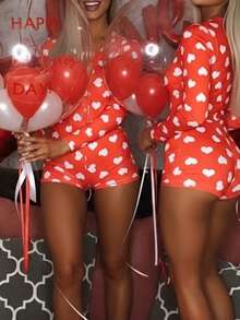 Womens One Piece Valentines Romper Slim Fit Lips Bow Love Heart Print Button V Neck Long Sleeve Jumpsuit - 橘色 - 查看 5