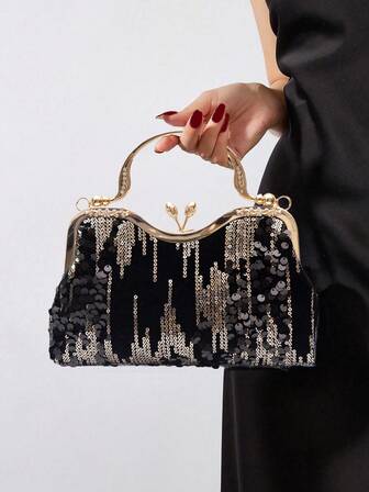 黑色丝绒手拿包，饰有黑色亮片、金属铆钉、水钻、花朵和花苞图案，采用旋扣设计，复古优雅简约风格，适合新娘、婚礼、派对、晚宴、正式场合、女士晚礼服，也是送给妈妈、老师、女孩和节日的礼物。