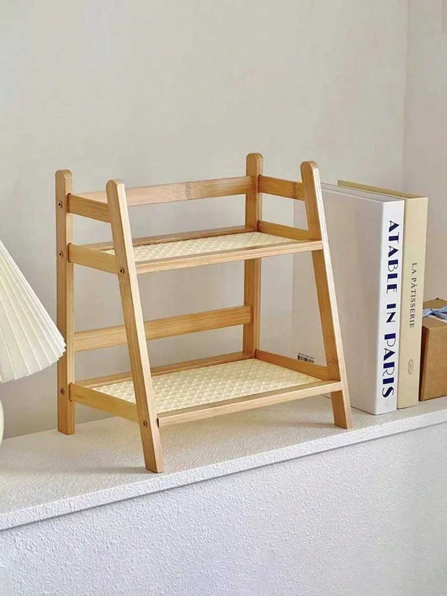 Double-Layer Bamboo Layered Storage Rack, White And Brown, Compact Structure, Saving Space, Suitable For Cosmetics, Towels, Cookers, Kitchens, Bathrooms, Desktops, Party Displays, Kitchen Supplies And Home Decoration. - Màu gỗ - Xem 1