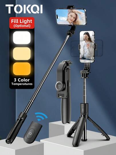 TOKQI Perche à selfie Bluetooth en acier inoxydable avec lumière de remplissage interchangeable, support de téléphone portable rotatif à 360°, détachable. Pliable, portable 3-en-1 (à main/au sol/trépied) pour le vlogging, les voyages et la vidéo anti-tremblement