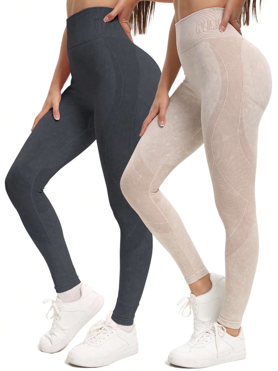 2条装高腰收腹弹力瑜伽裤，速干健身运动裤，女士运动服 - 彩色 - 查看 1