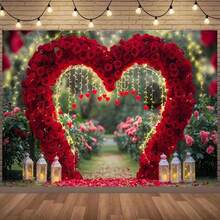 1. 浪漫红玫瑰心形拱门派对装饰横幅 - 心形涤纶背景幕布，配有串灯和灯笼，适用于家居装饰、房间墙面装饰和派对用品/礼品。营造浪漫氛围 | 优雅装饰 | 装饰灯笼，多种尺寸可选。 - 彩色 - 查看 3