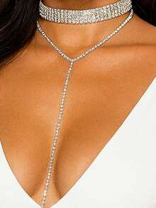 1pc Minimalist Multilayer Y-Shaped Long Silver Necklace, Sparkling Crystal Layered Necklace, Suitable For Women As Christmas Jewelry Accessory - Silver - View 1